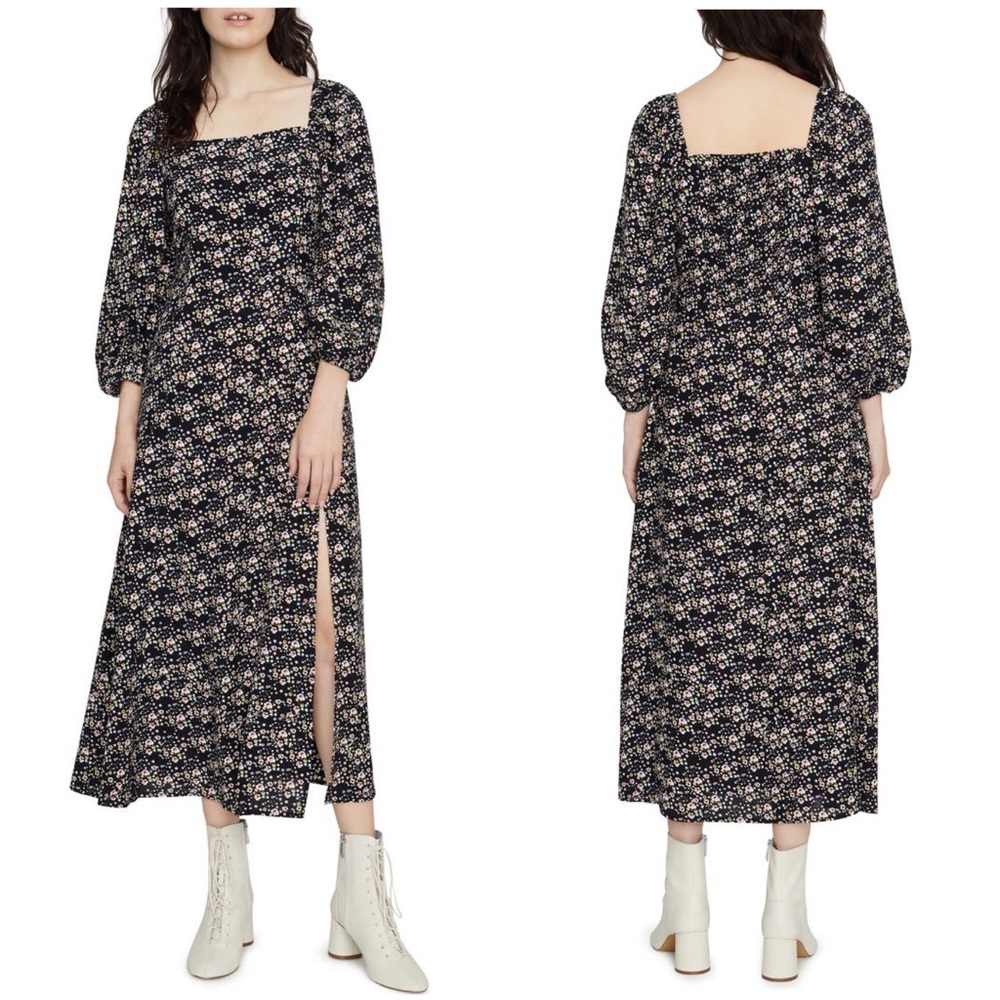 Sanctuary NWT Lindsey Square Neck Midi Dress High Slit Ditsy Floral Black New